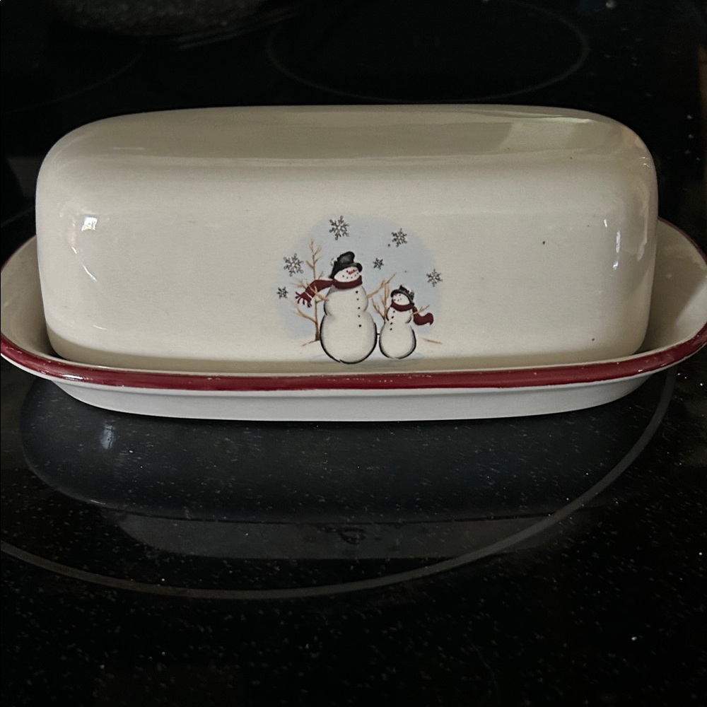 Vintage,Snowman Design Butter Dish - Cream with Red Accents